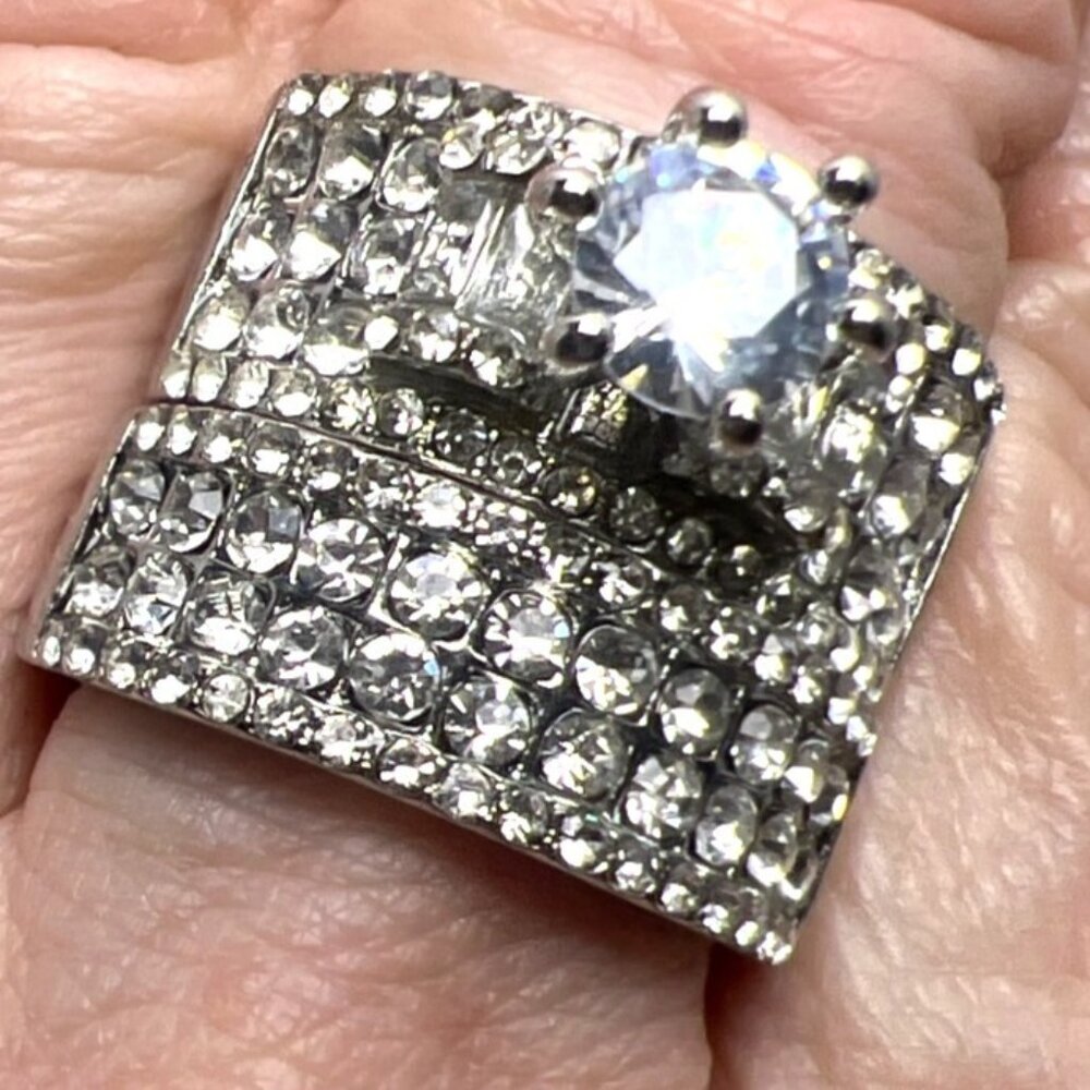 Wedding‎ Ring Set Clear Cubic Zirconias Sz 8.5 27.3mm wide 9 rows Pave Cluster